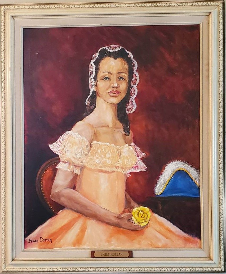 A Painting of Emily Morgan (a free woman of color) in a peach color dress holding a yellow rose. Taken in warm lighting.