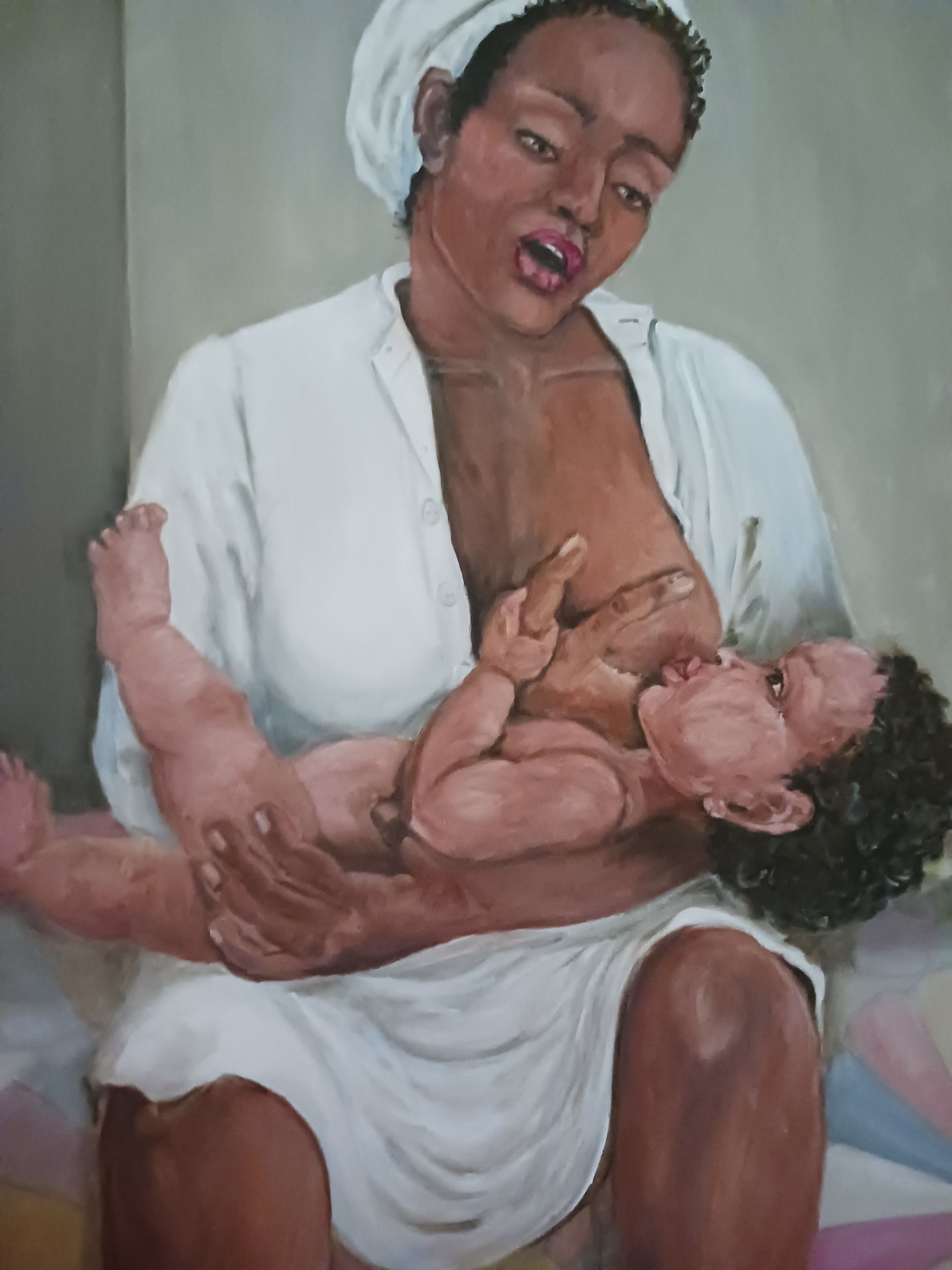 A painting of a woman of color nursing her baby. Taken in cool lighting.