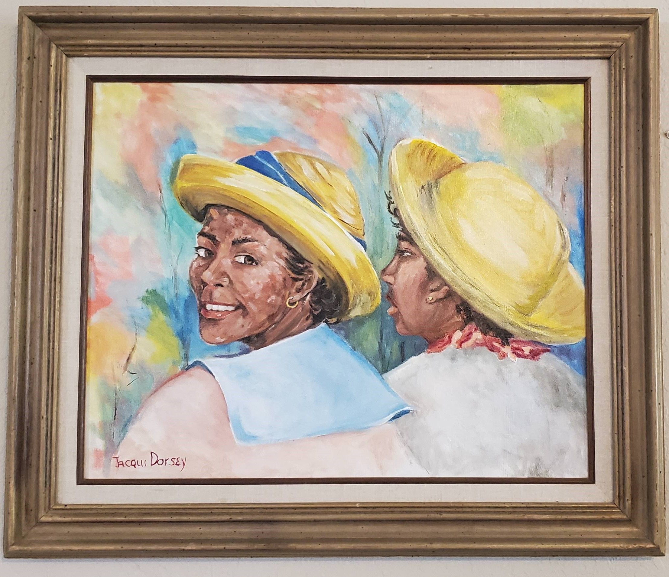 A painting of two sisters wearing straw color hats. The first woman is looking over her shoulder towards the viewer, while the other faces away.